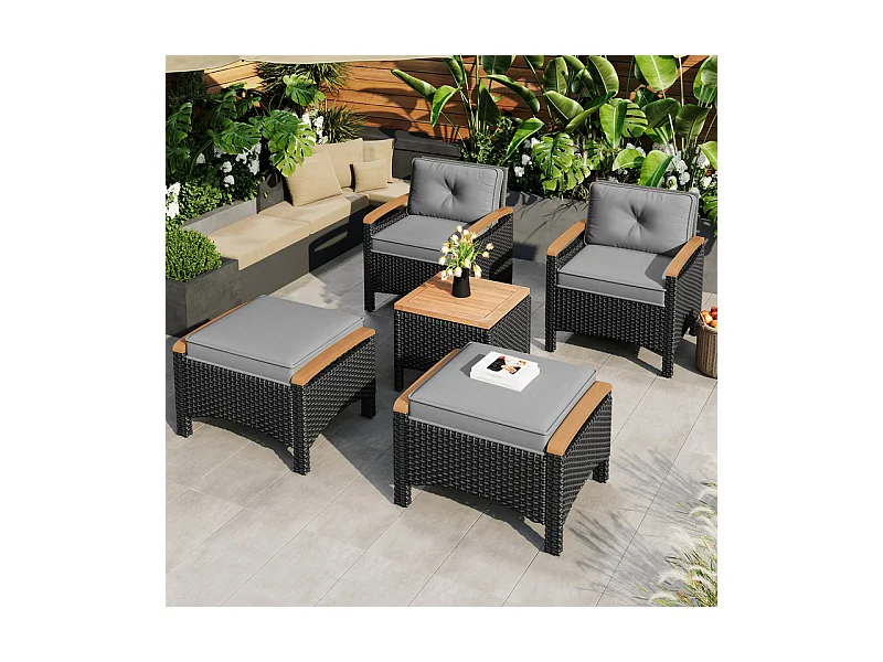 Kit di 2 poltrone da giardino in rattan con 2 sgabelli e tavolino - carico max 160KG - Grigio e Nero