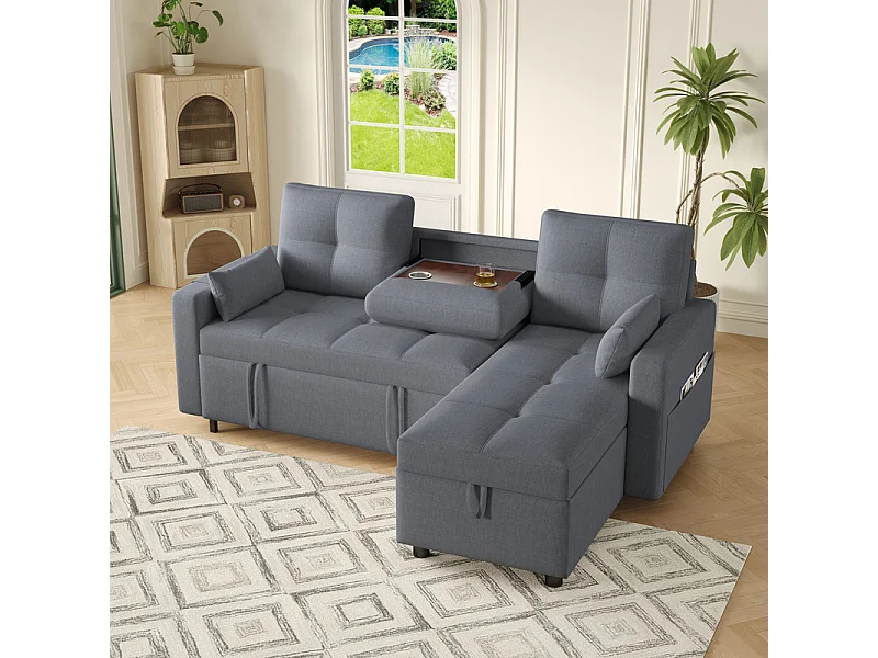 Canapé d'angle convertible en velours - 3 places - avec rangement, porte-gobelets en acier inoxydable - 205x139x87cm - Gris