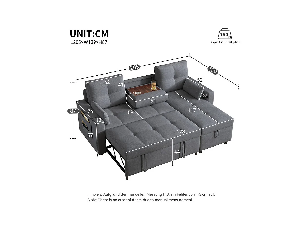 Canapé d'angle convertible en velours - 3 places - avec rangement, porte-gobelets en acier inoxydable - 205x139x87cm - Gris