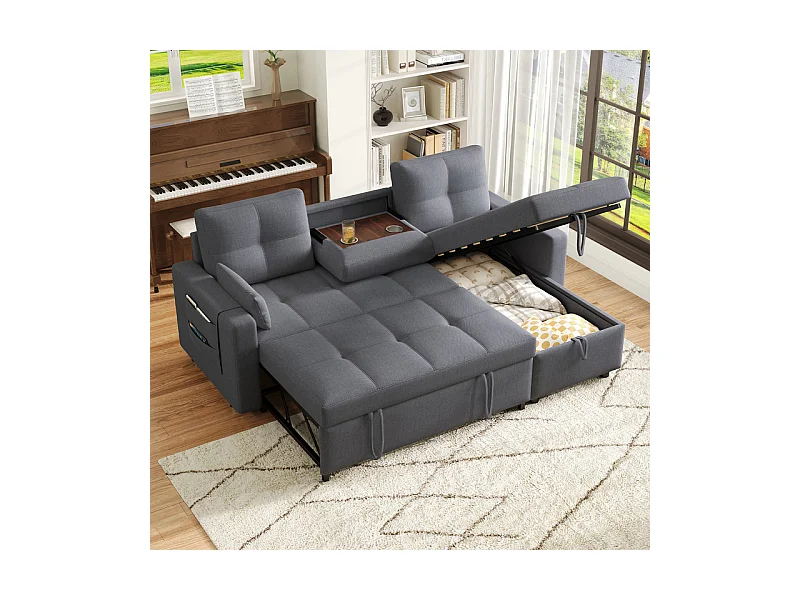 Canapé d'angle convertible en velours - 3 places - avec rangement, porte-gobelets en acier inoxydable - 205x139x87cm - Gris