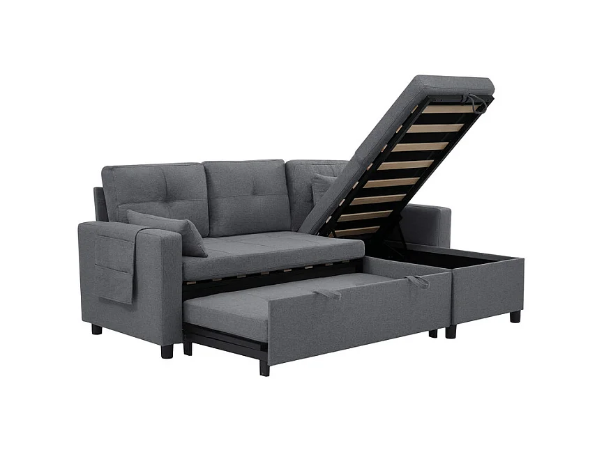 Canapé d'angle convertible en velours - 3 places - avec rangement, porte-gobelets en acier inoxydable - 205x139x87cm - Gris