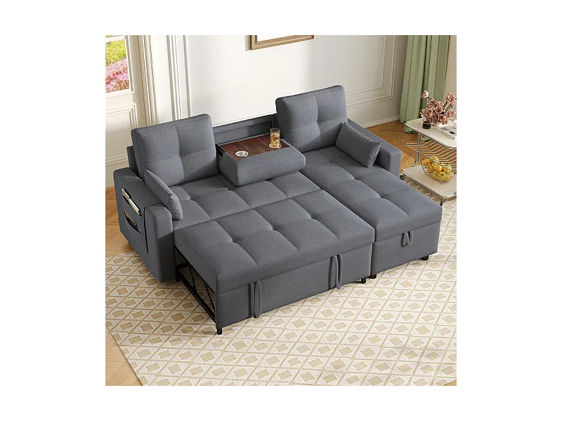 Canapé d'angle convertible en velours - 3 places - avec rangement, porte-gobelets en acier inoxydable - 205x139x87cm - Gris