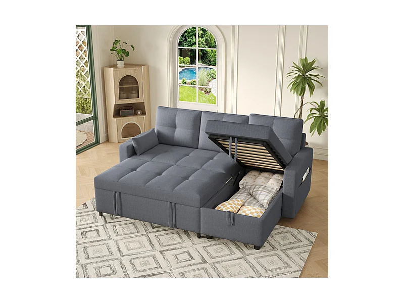 Canapé d'angle convertible en velours - 3 places - avec rangement, porte-gobelets en acier inoxydable - 205x139x87cm - Gris
