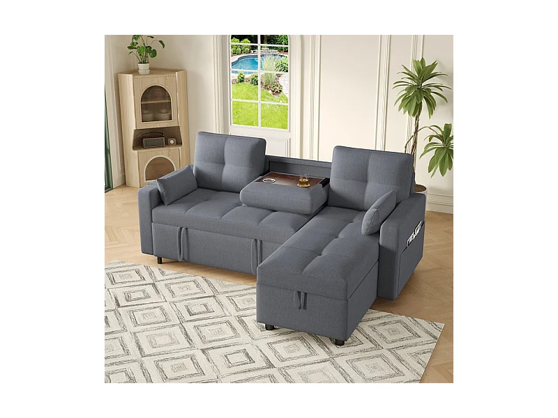 Canapé d'angle convertible en velours - 3 places - avec rangement, porte-gobelets en acier inoxydable - 205x139x87cm - Gris