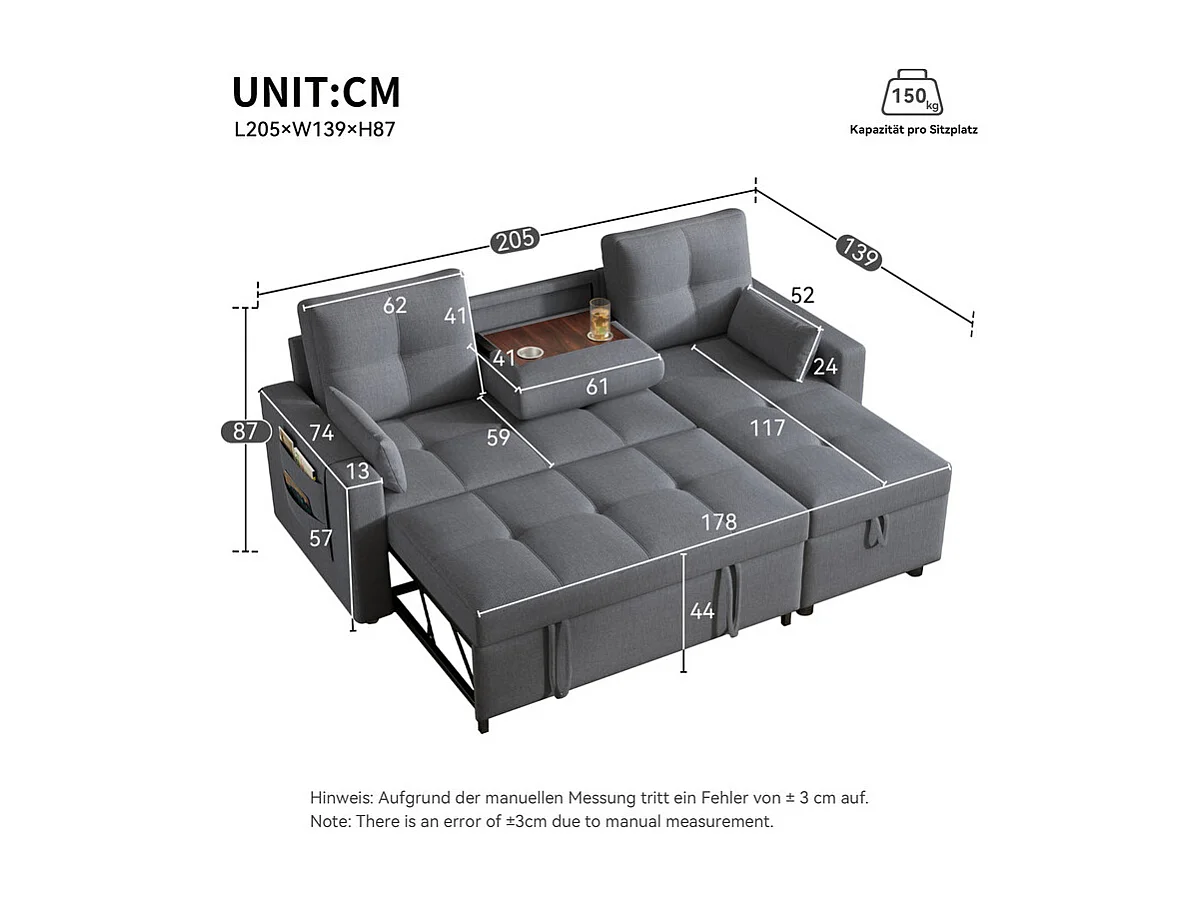 Divano angolare convertibile in velluto - 3 posti - con contenitore, portabicchieri in acciaio inox - 205x139x87cm - Grigio