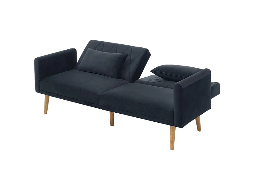 Schlafsofa aus schwarzem Samt - mit 2 Kissen - verstellbare Armlehnen und Rückenlehne - Massivholzfüße - 180x75x82cm