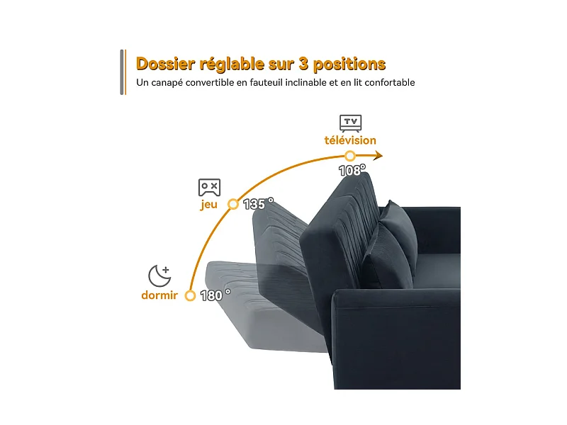 Schlafsofa aus schwarzem Samt - mit 2 Kissen - verstellbare Armlehnen und Rückenlehne - Massivholzfüße - 180x75x82cm