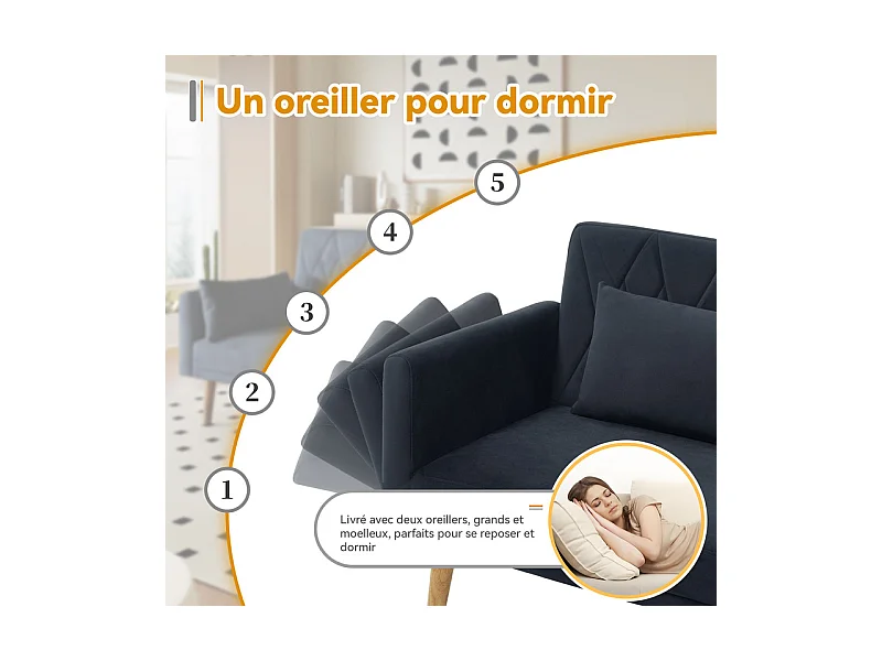 Schlafsofa aus schwarzem Samt - mit 2 Kissen - verstellbare Armlehnen und Rückenlehne - Massivholzfüße - 180x75x82cm