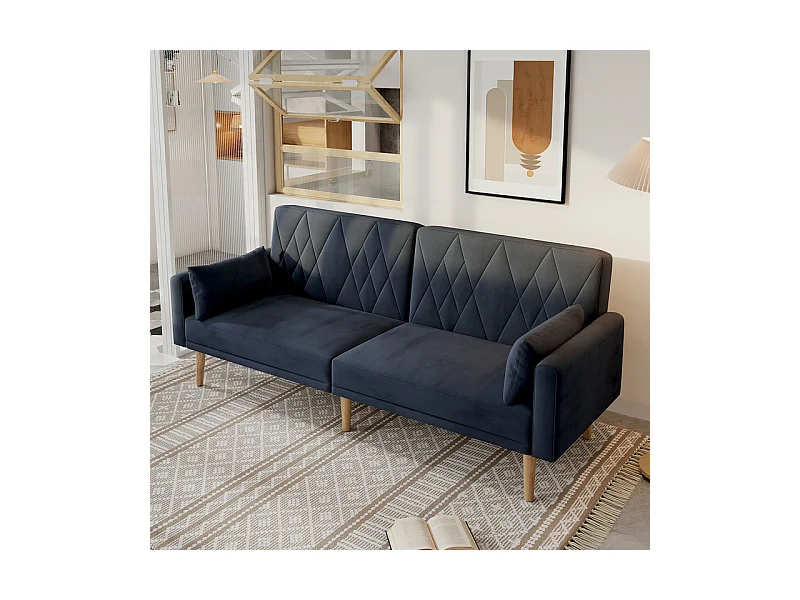 Schlafsofa aus schwarzem Samt - mit 2 Kissen - verstellbare Armlehnen und Rückenlehne - Massivholzfüße - 180x75x82cm