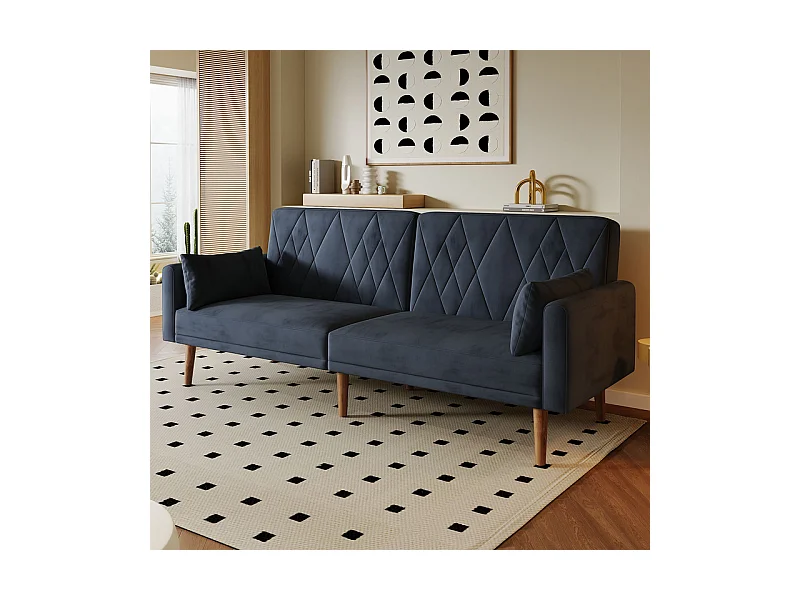 Schlafsofa aus schwarzem Samt - mit 2 Kissen - verstellbare Armlehnen und Rückenlehne - Massivholzfüße - 180x75x82cm