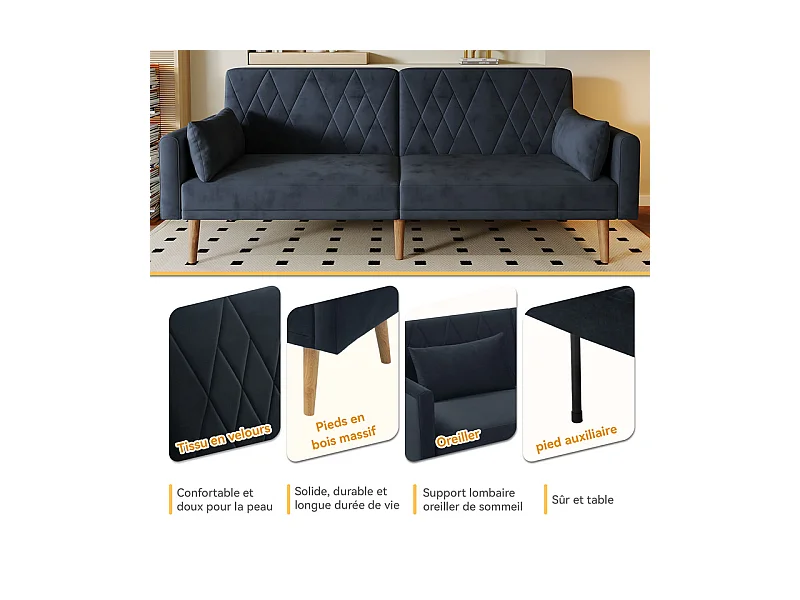 Schlafsofa aus schwarzem Samt - mit 2 Kissen - verstellbare Armlehnen und Rückenlehne - Massivholzfüße - 180x75x82cm