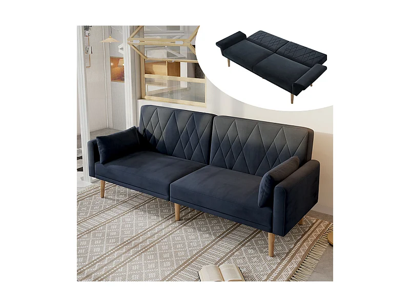 Canapé convertible en velours noir - avec 2 oreillers - réglable de accoudoirs et dossier - pieds en bois massif - 180x75x82cm