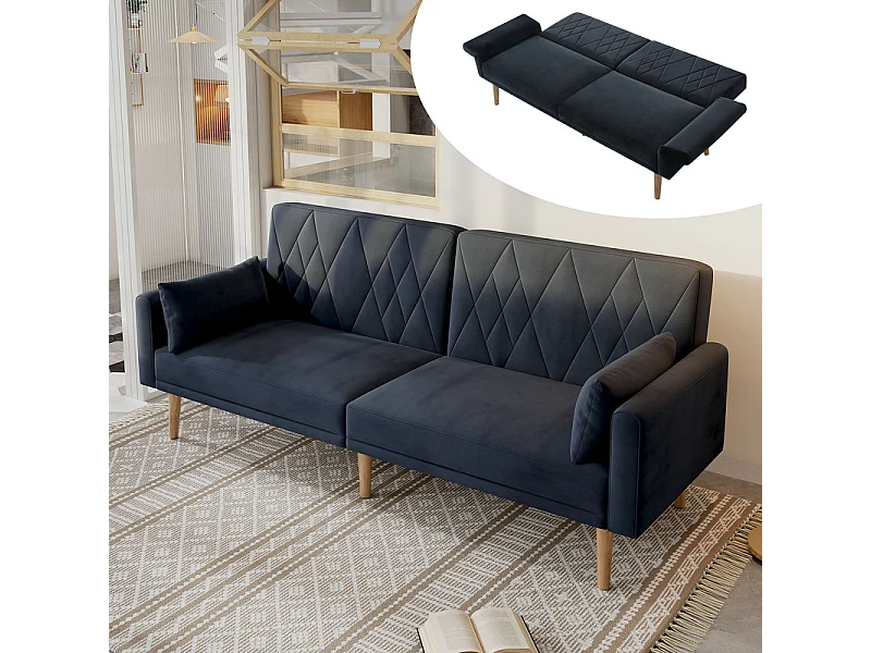 Schlafsofa aus schwarzem Samt - mit 2 Kissen - verstellbare Armlehnen und Rückenlehne - Massivholzfüße - 180x75x82cm