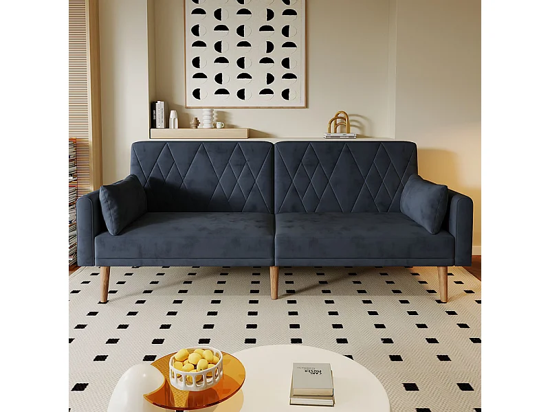 Schlafsofa aus schwarzem Samt - mit 2 Kissen - verstellbare Armlehnen und Rückenlehne - Massivholzfüße - 180x75x82cm