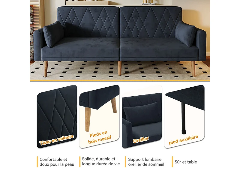 Schlafsofa aus schwarzem Samt - mit 2 Kissen - verstellbare Armlehnen und Rückenlehne - Massivholzfüße - 180x75x82cm