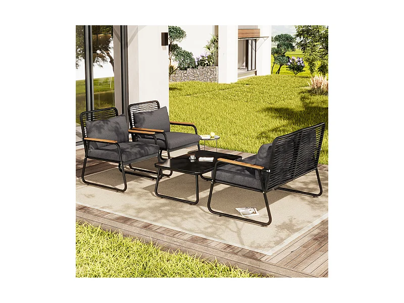 Salon de jardin 4 personnes: table basse en verre durci, canapé 2 places et 2 fauteuils, pieds réglables, avec coussins, Noir