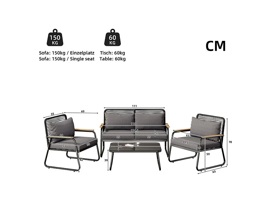 Salon de jardin 4 personnes: table basse en verre durci, canapé 2 places et 2 fauteuils, pieds réglables, avec coussins, Noir