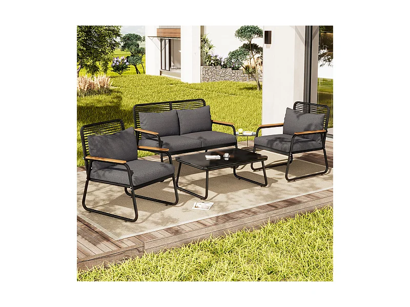 Salon de jardin 4 personnes: table basse en verre durci, canapé 2 places et 2 fauteuils, pieds réglables, avec coussins, Noir