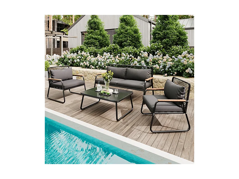 Salon de jardin 4 personnes: table basse en verre durci, canapé 2 places et 2 fauteuils, pieds réglables, avec coussins, Noir