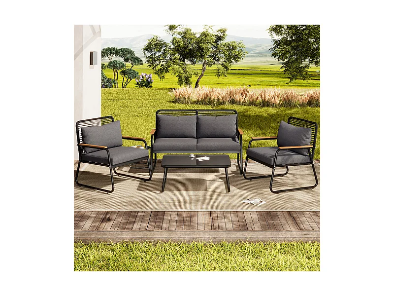 Salon de jardin 4 personnes: table basse en verre durci, canapé 2 places et 2 fauteuils, pieds réglables, avec coussins, Noir