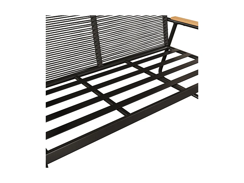 Salon de jardin 4 personnes: table basse en verre durci, canapé 2 places et 2 fauteuils, pieds réglables, avec coussins, Noir