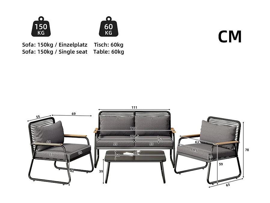Juego de jardín para 4 personas: mesa baja de vidrio templado, sofá de 2 plazas y 2 sillones, patas ajustables, con cojines, Negro