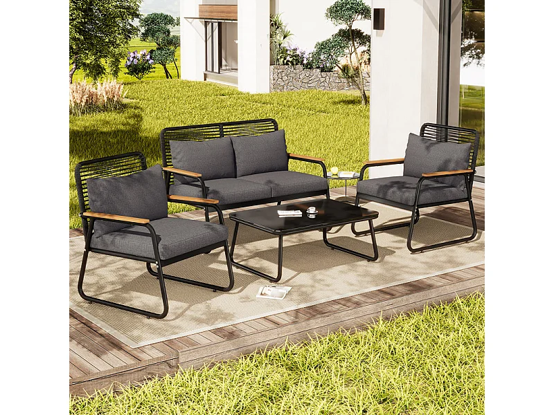 Juego de jardín para 4 personas: mesa baja de vidrio templado, sofá de 2 plazas y 2 sillones, patas ajustables, con cojines, Negro