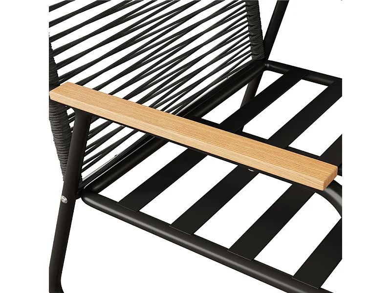 Juego de jardín para 4 personas: mesa baja de vidrio templado, sofá de 2 plazas y 2 sillones, patas ajustables, con cojines, Negro