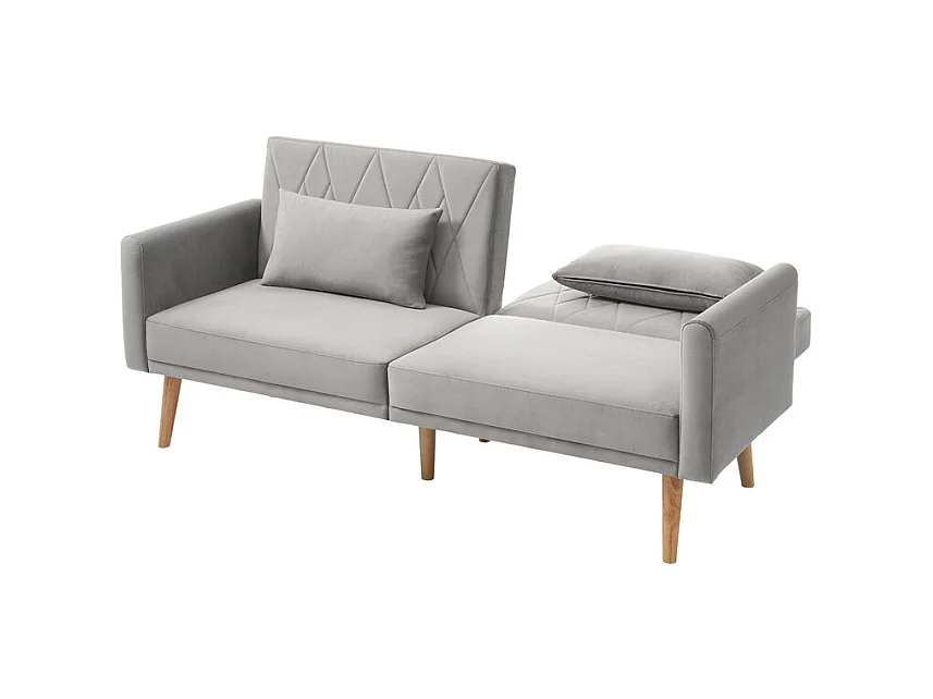 Slaapbank in grijs fluweel - met 2 kussens - verstelbare armleuningen en rugleuning - massief houten poten - 180x75x82cm