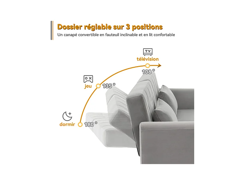 Slaapbank in grijs fluweel - met 2 kussens - verstelbare armleuningen en rugleuning - massief houten poten - 180x75x82cm