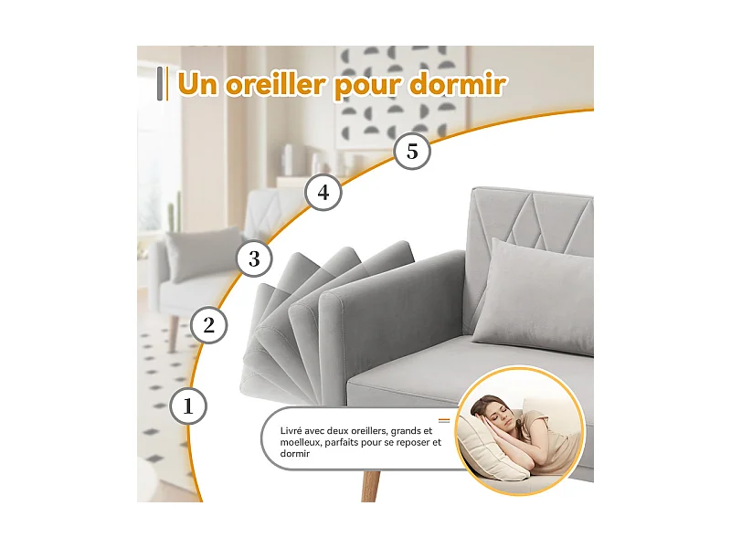 Slaapbank in grijs fluweel - met 2 kussens - verstelbare armleuningen en rugleuning - massief houten poten - 180x75x82cm