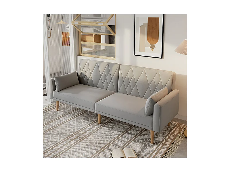 Slaapbank in grijs fluweel - met 2 kussens - verstelbare armleuningen en rugleuning - massief houten poten - 180x75x82cm