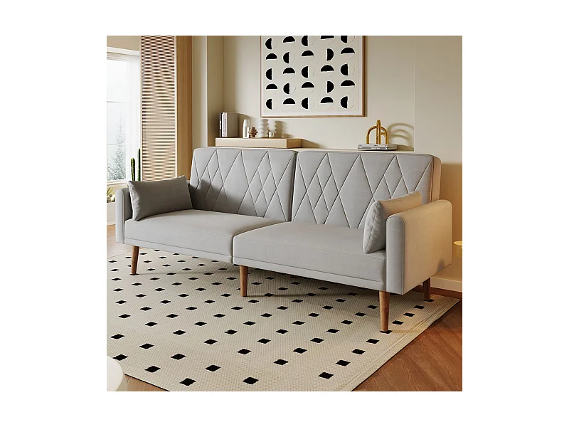 Slaapbank in grijs fluweel - met 2 kussens - verstelbare armleuningen en rugleuning - massief houten poten - 180x75x82cm