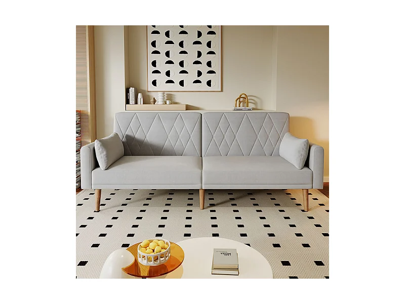 Slaapbank in grijs fluweel - met 2 kussens - verstelbare armleuningen en rugleuning - massief houten poten - 180x75x82cm