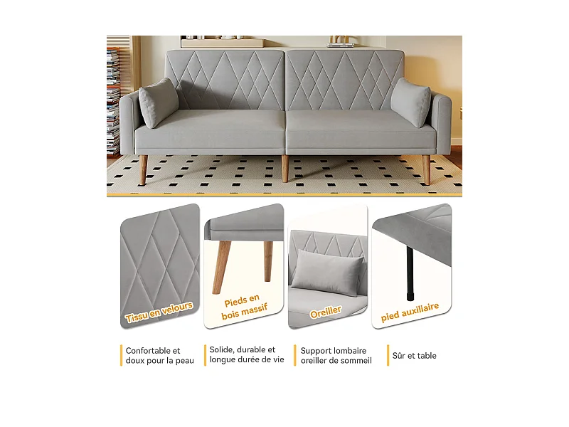 Slaapbank in grijs fluweel - met 2 kussens - verstelbare armleuningen en rugleuning - massief houten poten - 180x75x82cm