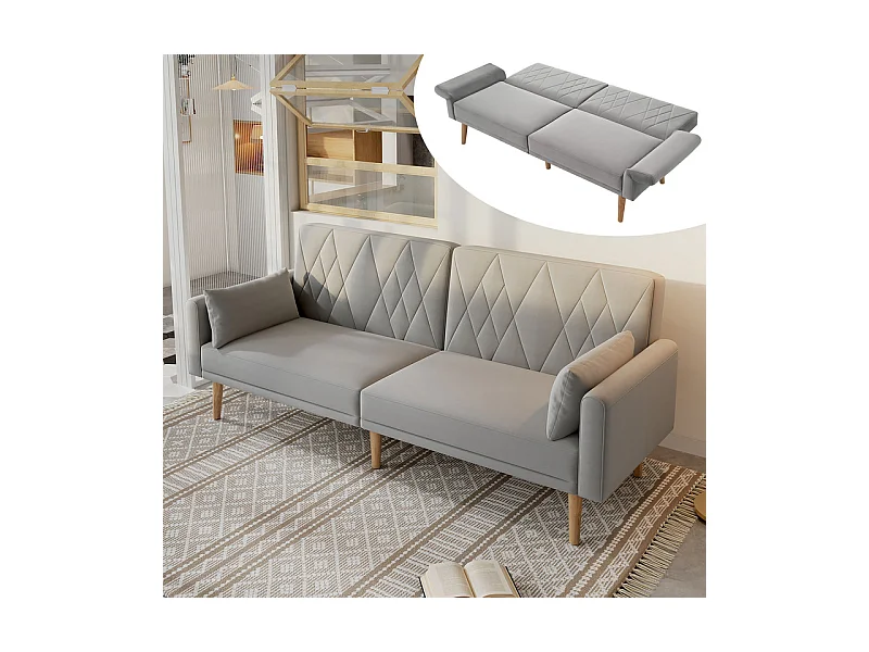 Canapé convertible en velours gris - avec 2 oreillers - réglable de accoudoirs et dossier - pieds en bois massif - 180x75x82cm