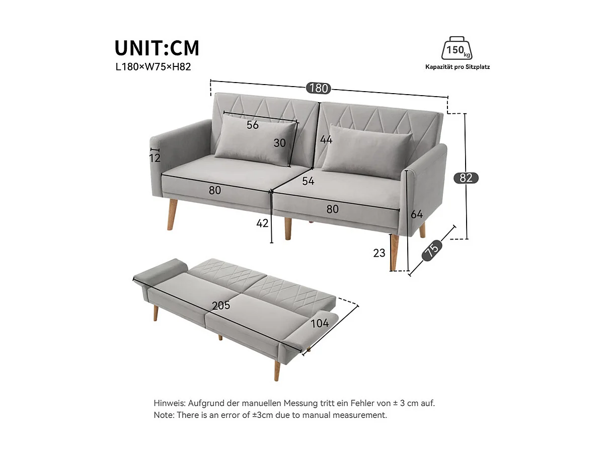 Slaapbank in grijs fluweel - met 2 kussens - verstelbare armleuningen en rugleuning - massief houten poten - 180x75x82cm