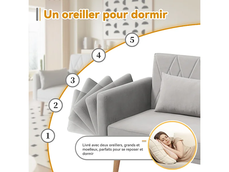 Slaapbank in grijs fluweel - met 2 kussens - verstelbare armleuningen en rugleuning - massief houten poten - 180x75x82cm