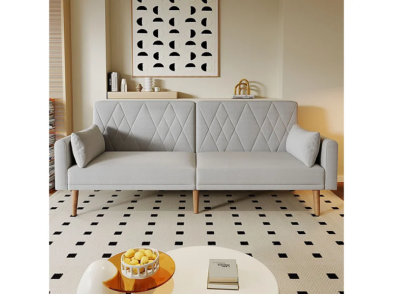 Slaapbank in grijs fluweel - met 2 kussens - verstelbare armleuningen en rugleuning - massief houten poten - 180x75x82cm