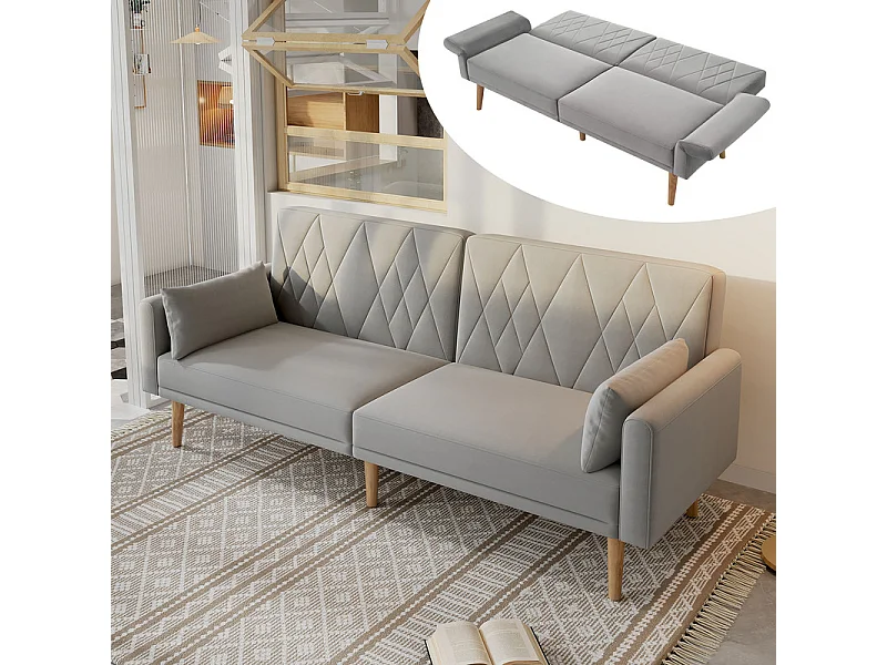 Slaapbank in grijs fluweel - met 2 kussens - verstelbare armleuningen en rugleuning - massief houten poten - 180x75x82cm