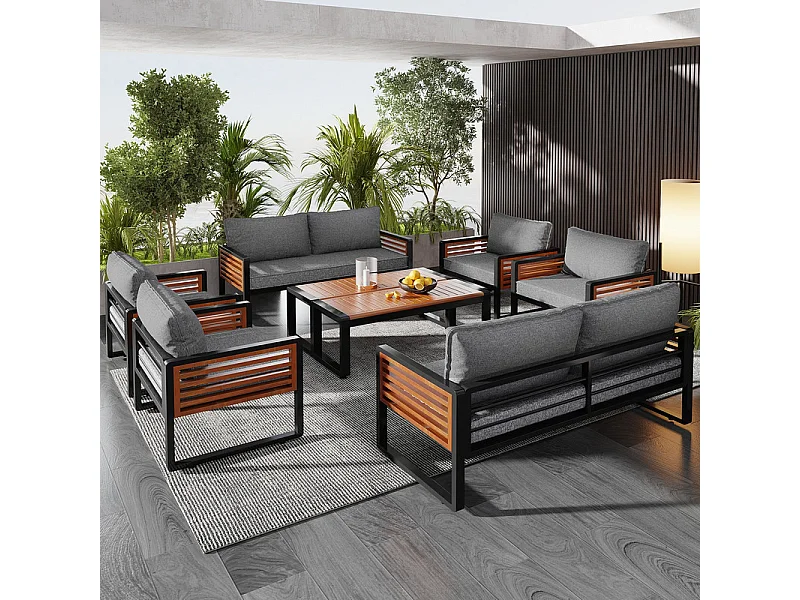 Tuinmeubelset - voor 8 personen - 2 salontafels, 2 banken en 4 fauteuils - houten armleuningen - Grijs