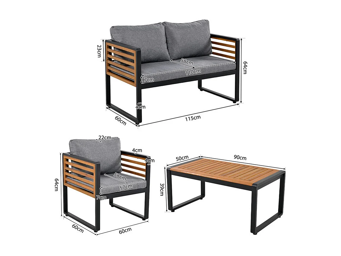 Tuinmeubelset - voor 8 personen - 2 salontafels, 2 banken en 4 fauteuils - houten armleuningen - Grijs