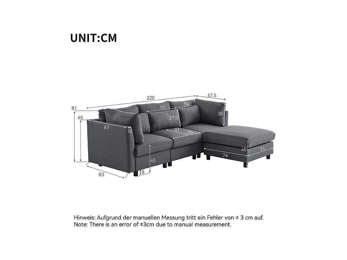 3-Sitzer-Sofa aus Leinenstoff, mit Pouf, 3 Lendenkissen und 2 Kissen, 220x83x81cm, Grau