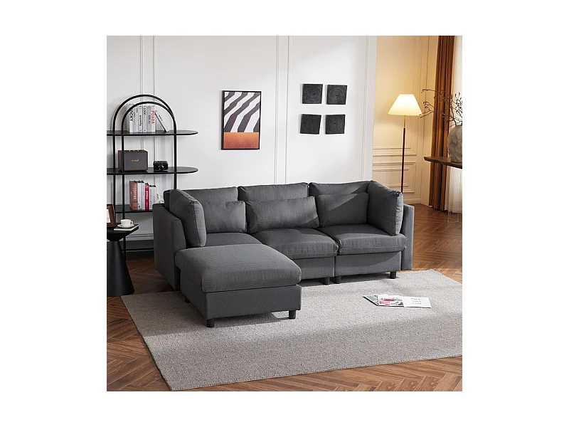 3-Sitzer-Sofa aus Leinenstoff, mit Pouf, 3 Lendenkissen und 2 Kissen, 220x83x81cm, Grau
