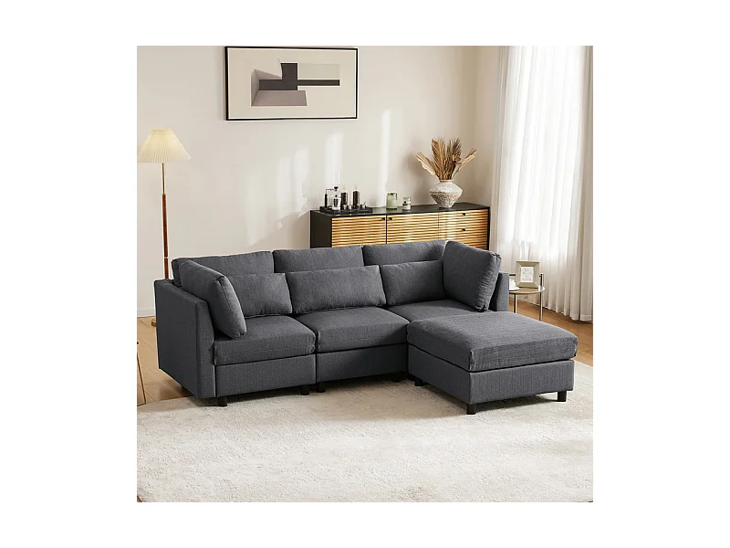 3-Sitzer-Sofa aus Leinenstoff, mit Pouf, 3 Lendenkissen und 2 Kissen, 220x83x81cm, Grau