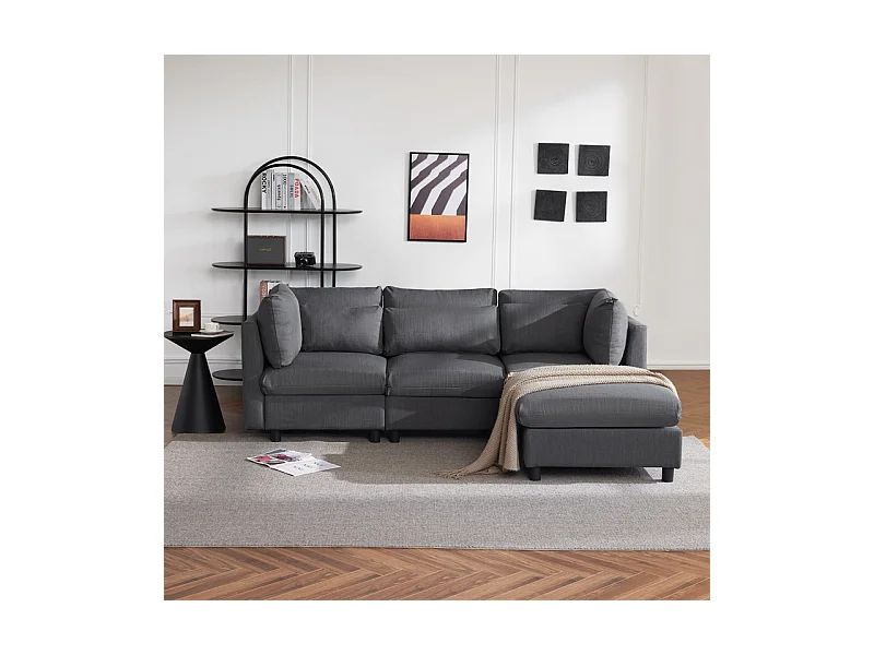 3-Sitzer-Sofa aus Leinenstoff, mit Pouf, 3 Lendenkissen und 2 Kissen, 220x83x81cm, Grau