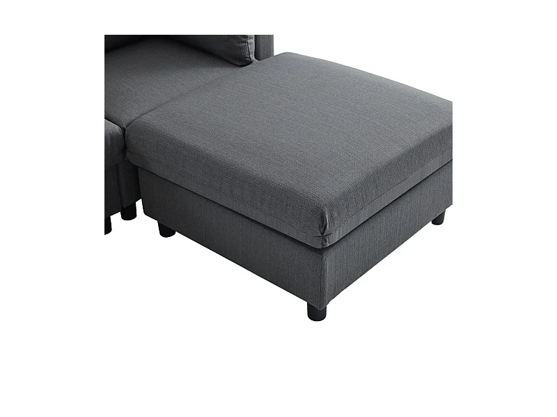 3-Sitzer-Sofa aus Leinenstoff, mit Pouf, 3 Lendenkissen und 2 Kissen, 220x83x81cm, Grau