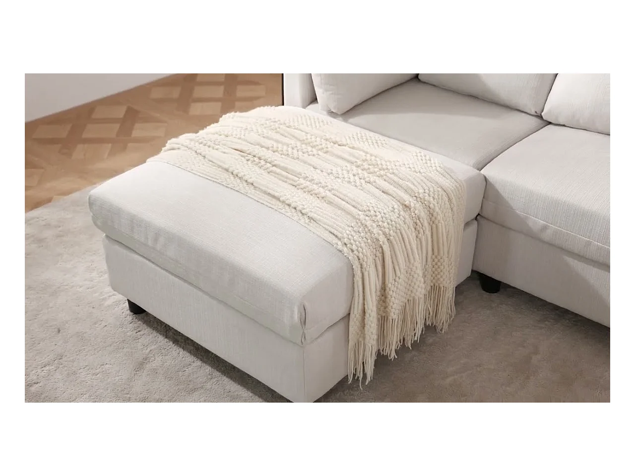 Canapé 3 places en tissu lin, avec pouf, 3 oreillers lombaires et 2 oreillers, 220x83x81cm, Gris