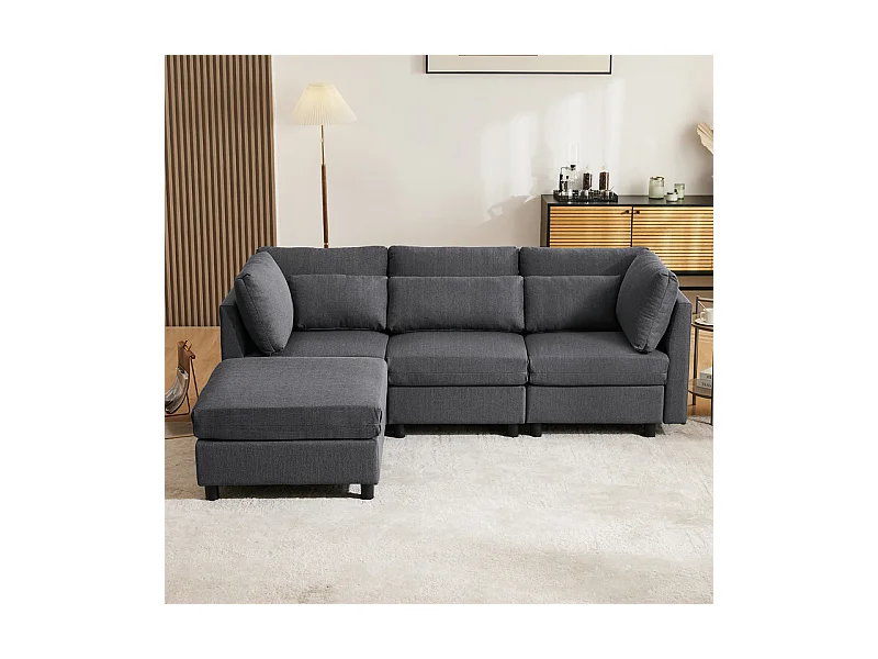 Canapé 3 places en tissu lin, avec pouf, 3 oreillers lombaires et 2 oreillers, 220x83x81cm, Gris