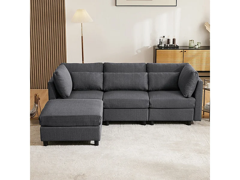 Canapé 3 places en tissu lin, avec pouf, 3 oreillers lombaires et 2 oreillers, 220x83x81cm, Gris